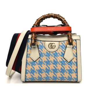 superfake gucci light blue/natural deep orange raffia & textured dollar calfskin houndstooth diana tote bag mini gold hardware